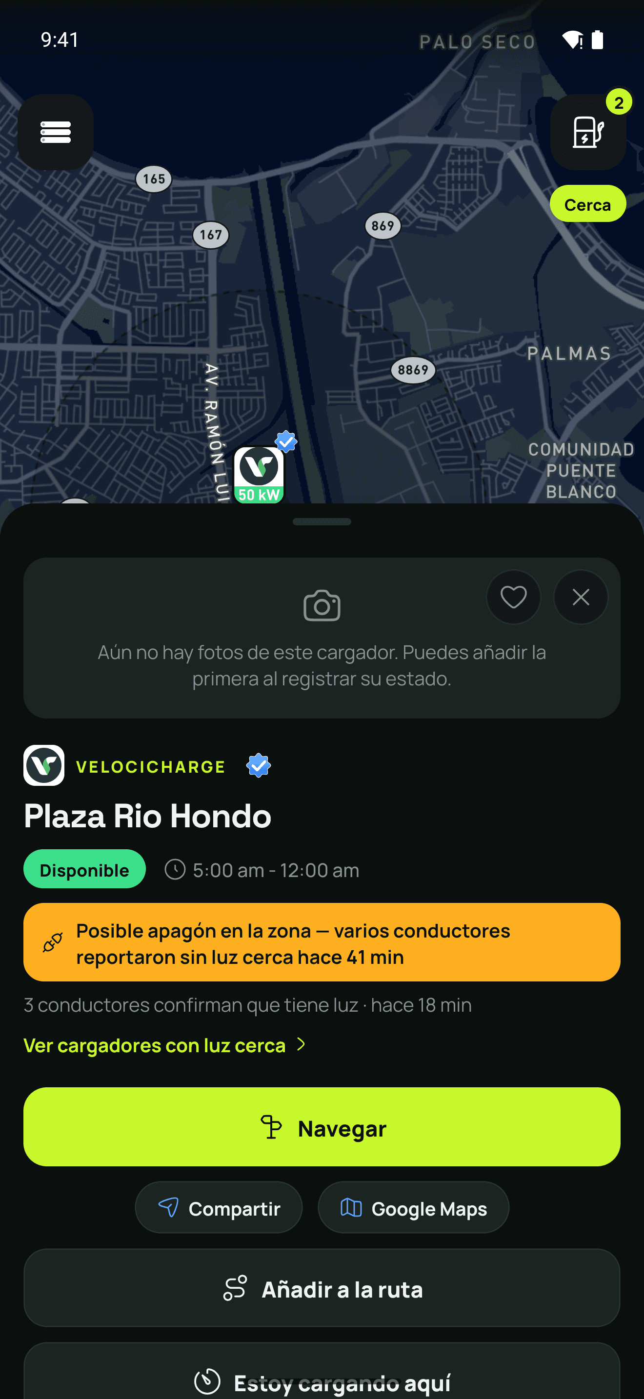Ficha con aviso de apagón de zona y confirmaciones de luz en el cargador