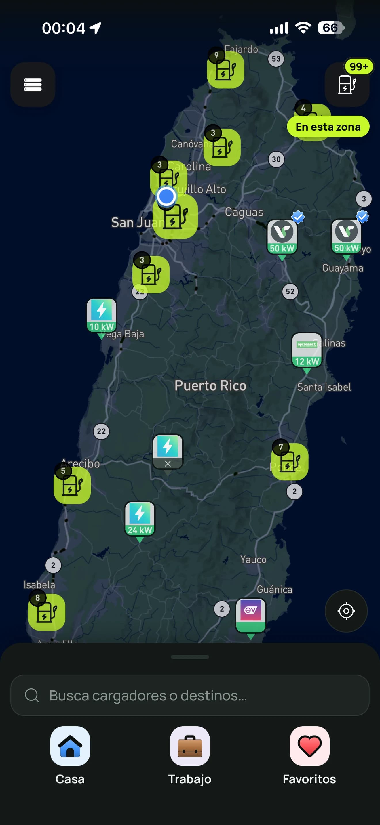The Voltiway app showing the map of Puerto Rico's chargers with each network's pins.